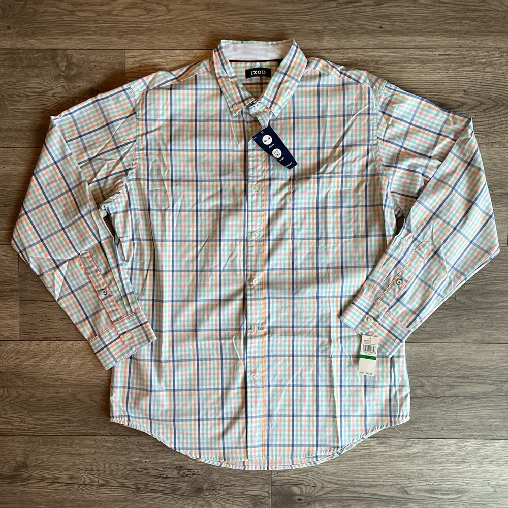 Izod Men’s Pastel Plaid Button Down Long Sleeve Dress Shirt Stretch NWT Large